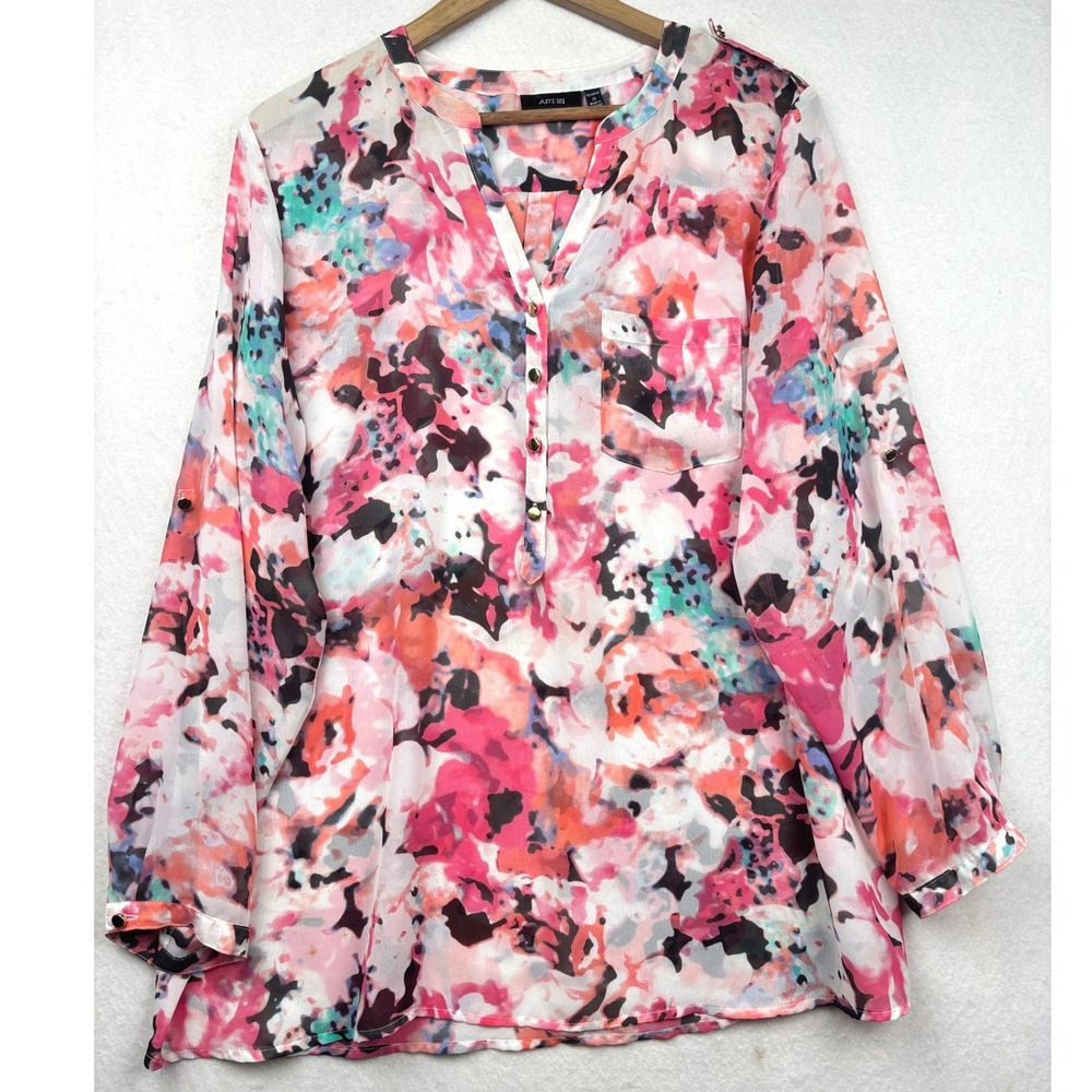 Apt 9 Henley Top Womens 1X Floral Roll Tab Sleeve Cottagecore